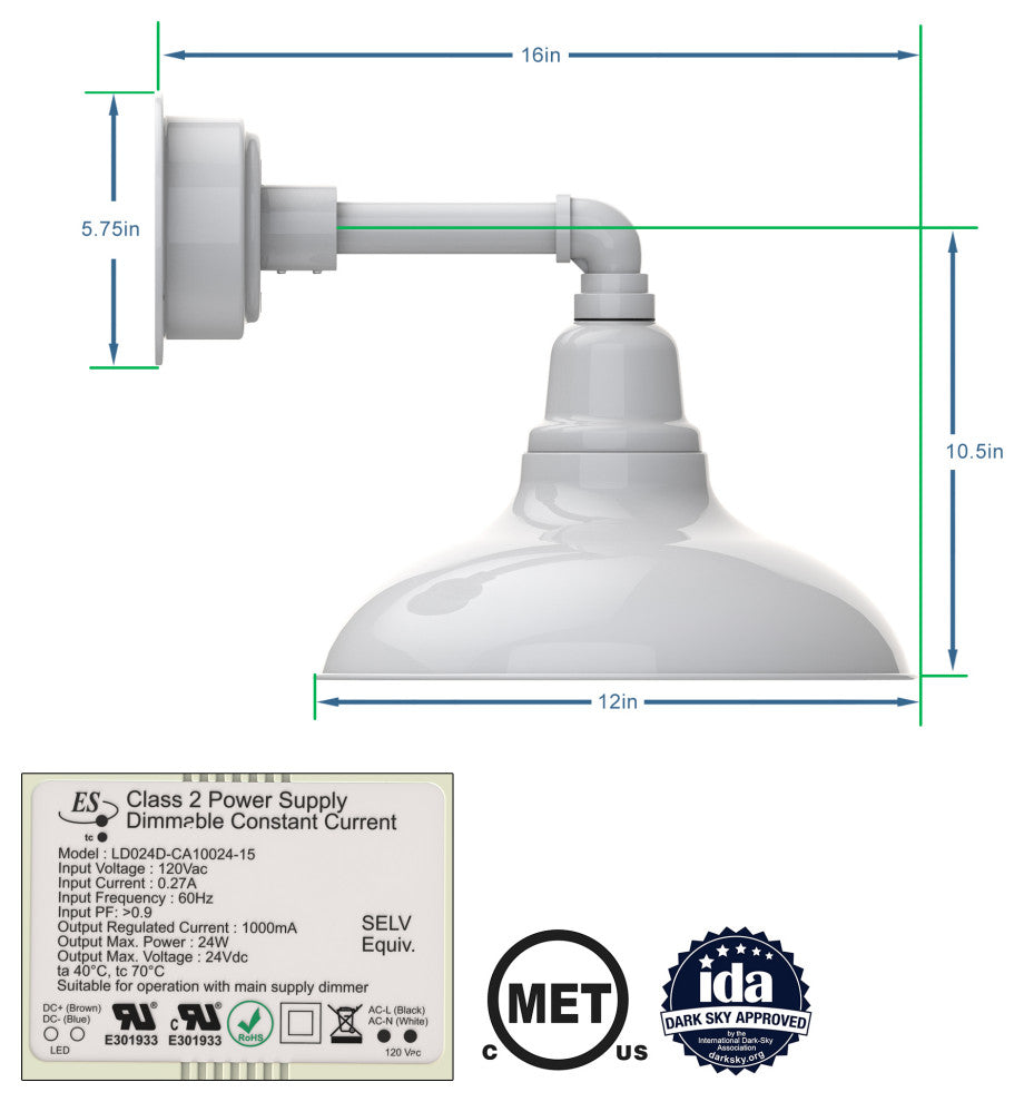 12in.  White Gooseneck Barn Light with Cosmopolitan Arm