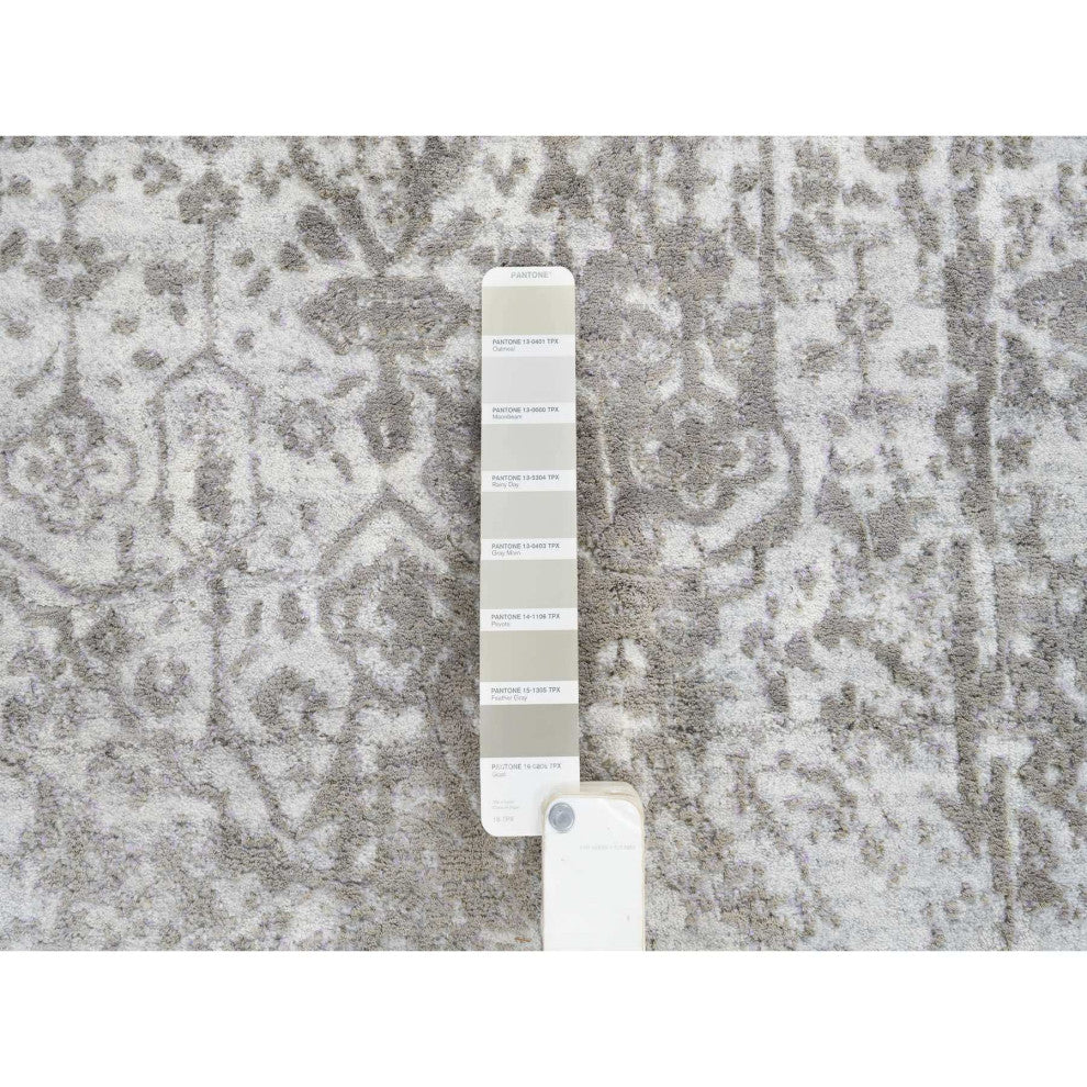 Gray Hand Knotted Broken Persian Design Wool and Pure Silk Runner Rug 2'6"x7'10"