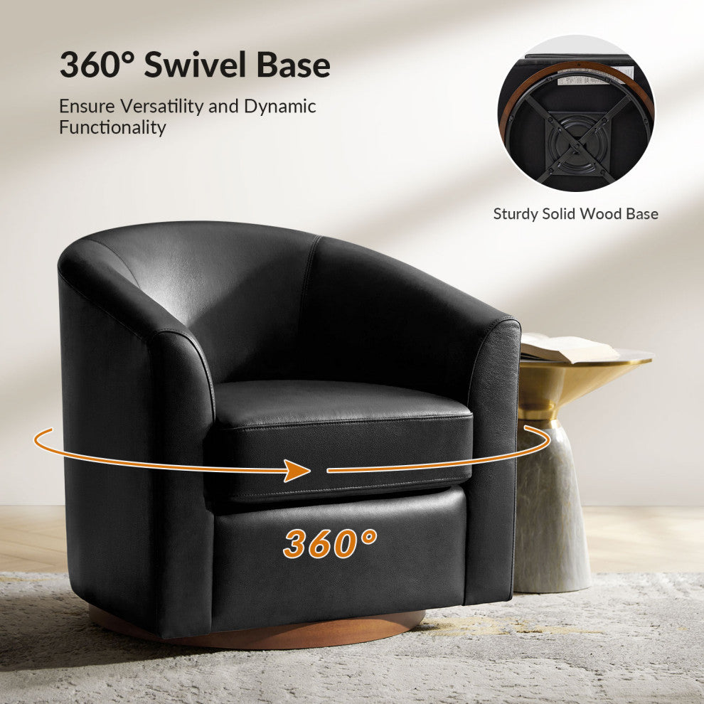 Swivel Barrel Geniune Leather Chair With Solid Wood Base, Black