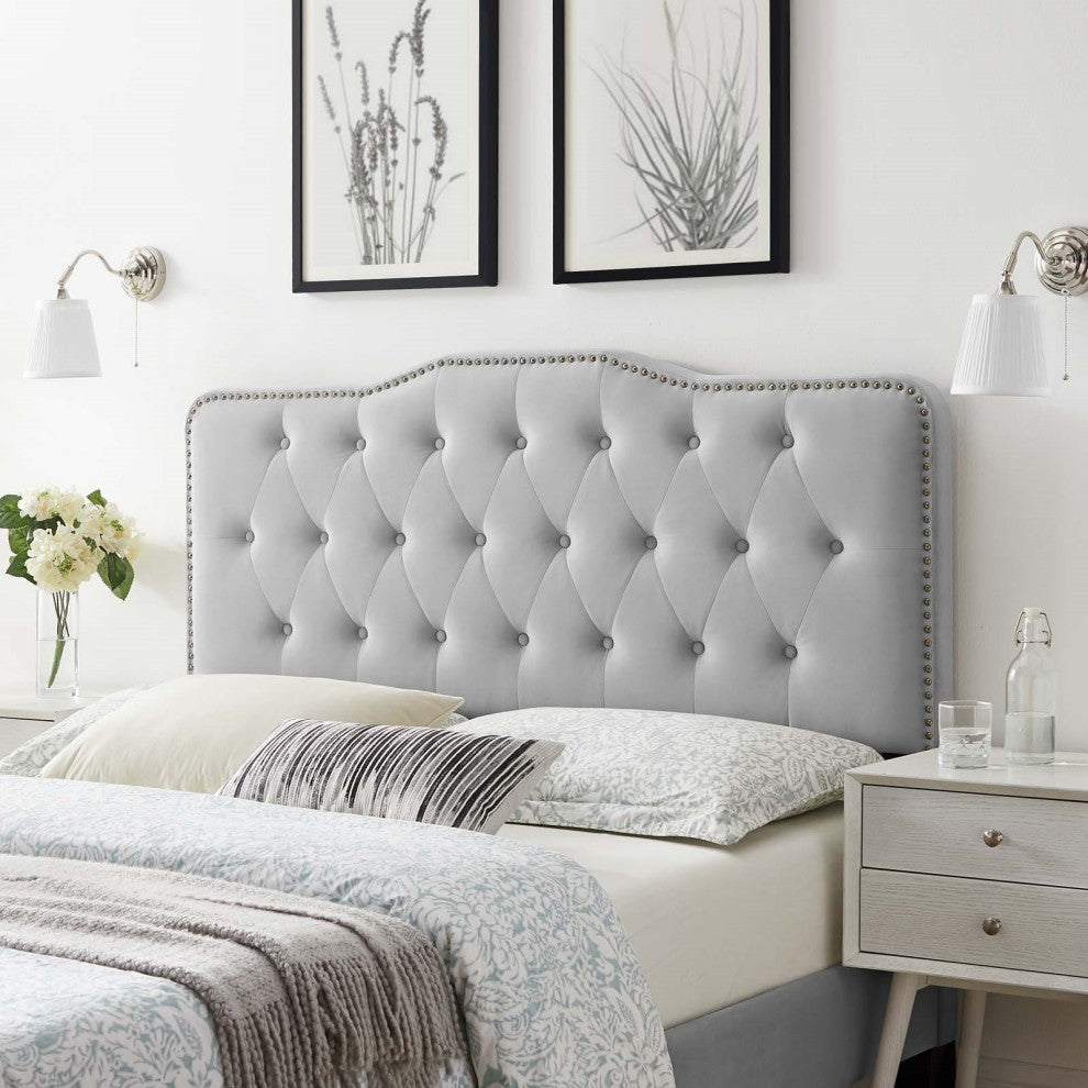 Tufted Headboard, Full Queen Size, Velvet, Light Gray, Modern Contemporary