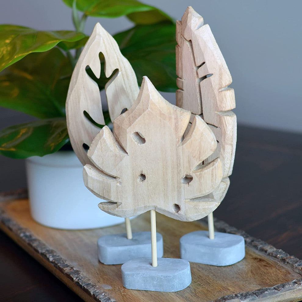 3 Piece Carved Wooden Leaf Figurines