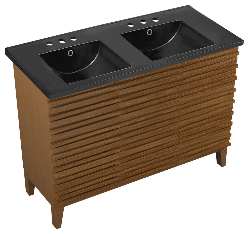Cascade 48" Brown Oak, Bathroom Vanity With Black, 3-Hole Sink Top