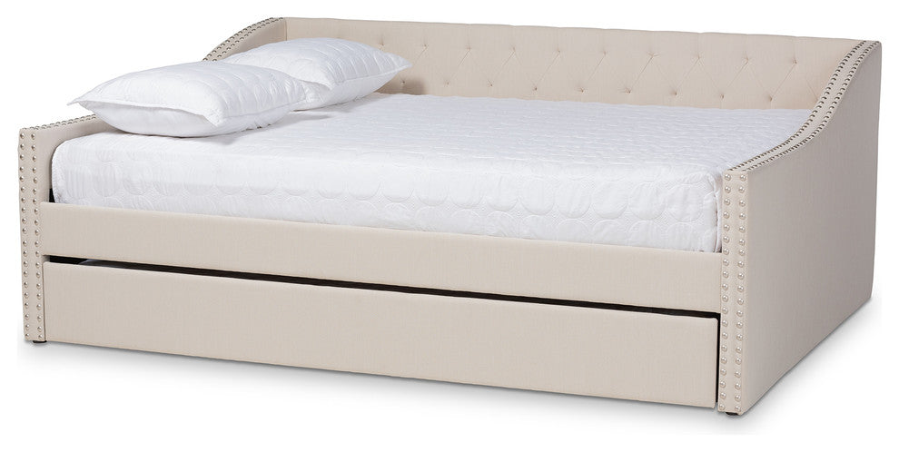 Norys Fabric Upholstered Size Daybed, Beige, Queen, Roll-Out Trundle