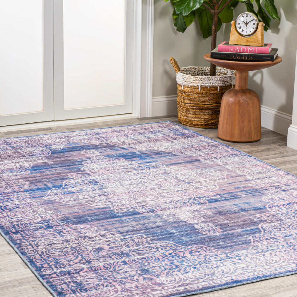 Regis Bohemian Medallion Machine Washable Indoor Area Rug, Blue, 5 X 8