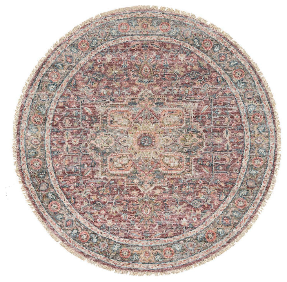 Sangria Red Hand Knotted Pure Wool Heris Revival Round Oriental Rug 5'11"x5'11"