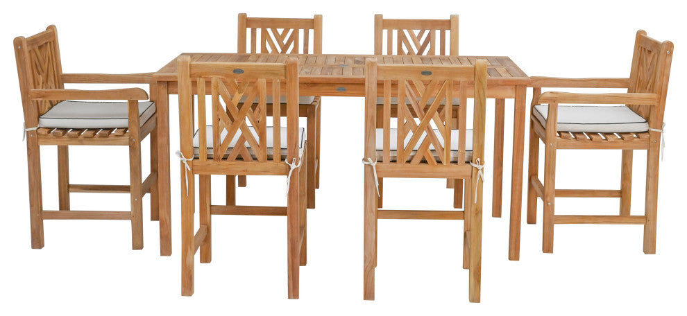 7 Piece Teak Chippendale 71" Rect Bistro Counter Set, 2 Arm and 4 Side Stools