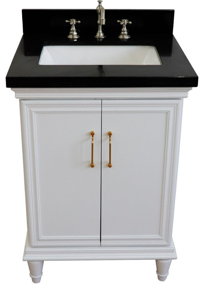 25" Single Vanity, White Finish With Black Galaxy And Rectangle Sink