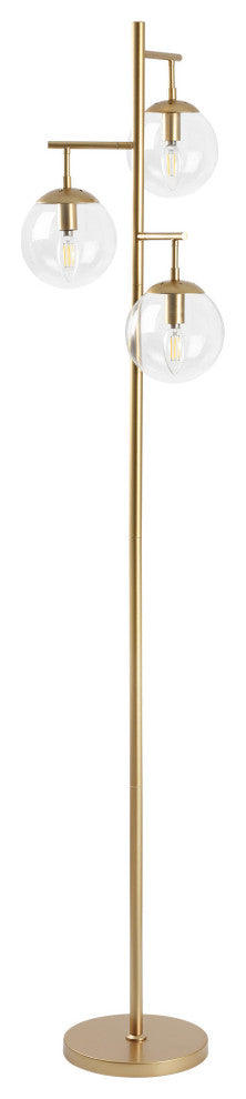 3-Light Gold Tree Floor Lamp with Glass Globe Shades, Clear Glass Shades