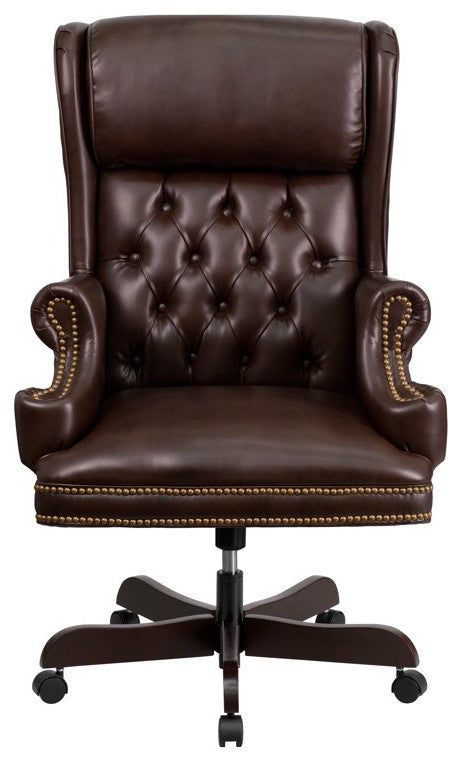 Office Chair, Oversized PU Seat With Button Tufted Back & Nailhead, Brown
