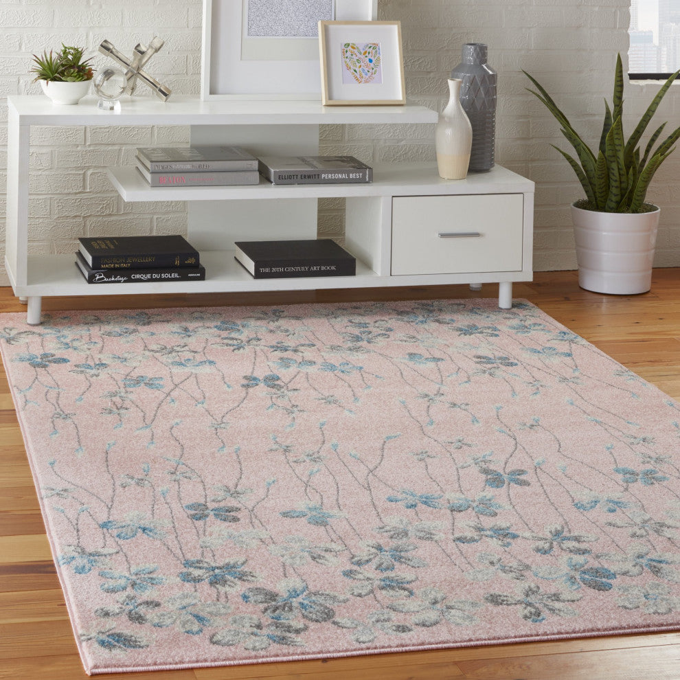 Bohemian Area Rug, Polypropylene With Floral Pattern, Pink, 6' X 9