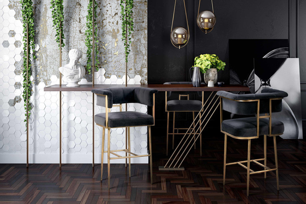 Gray Grey Velvet Bar Stool, Contemporary Barstool Modern Brass Gold Bar Stool