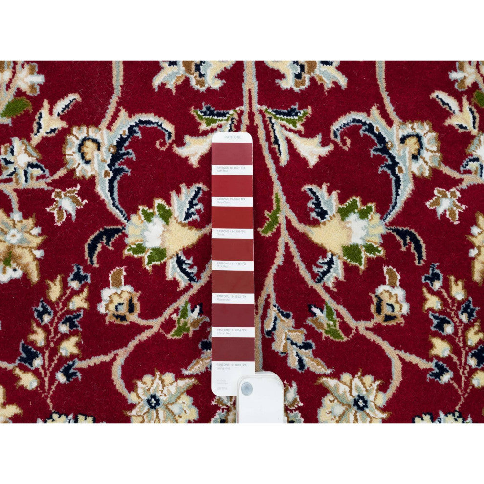 Red, 250 KPSI, Organic Wool, Hand Knotted, Nain Design Round Rug, 6'x6'