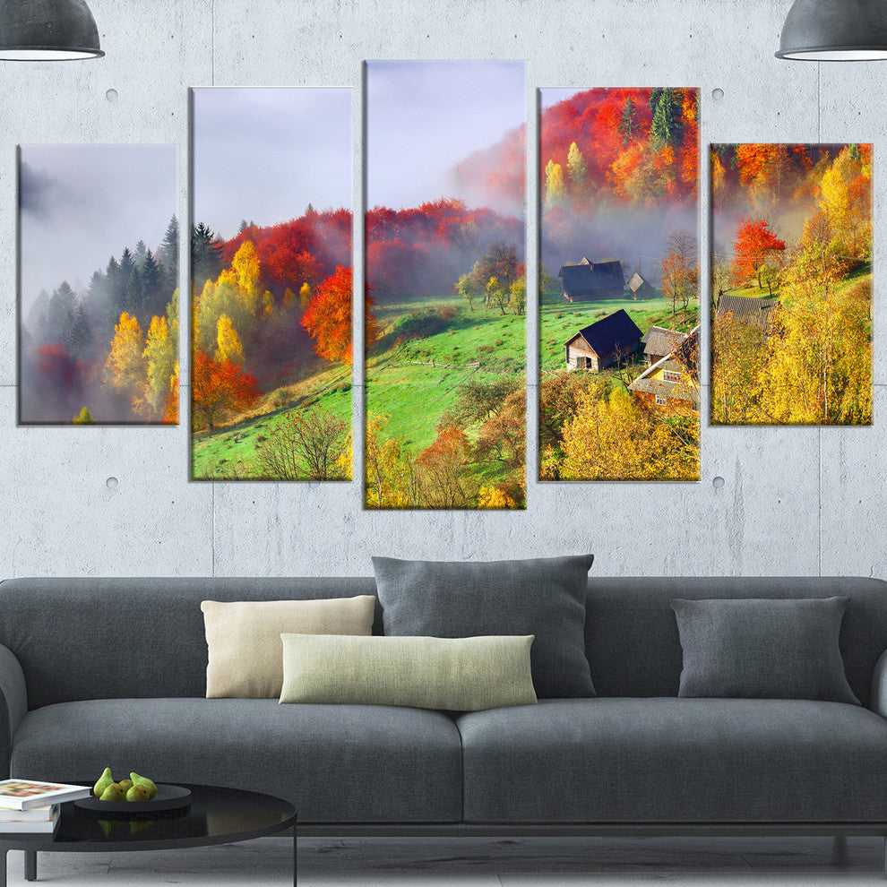 Colorful Autumn Landscape in Mountains, Landscape Canvas Art, 60"x32", 5 Panels