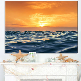 "Blue Waves Dancing At Yellow Sunset" Beach Canvas Wall Art, 40"x20"