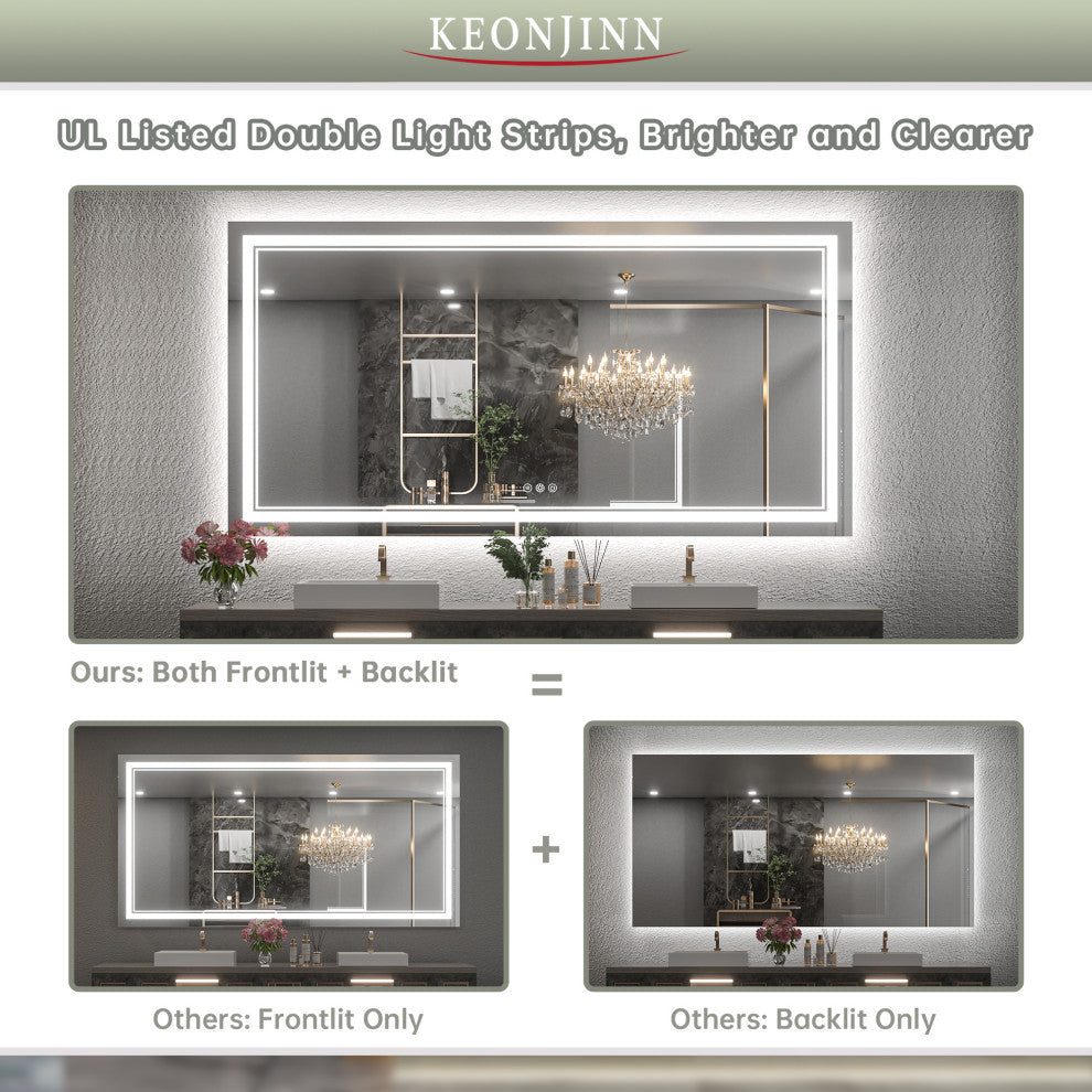 Bathroom Wall Mirror, Frontlit/Backlit, Dimmable, 72"x36"