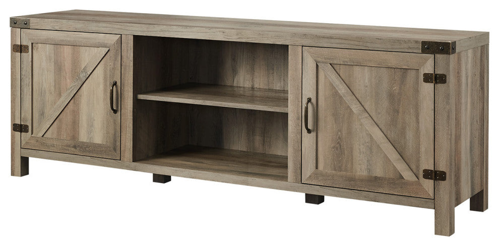 70" Farmhouse TV Stand with Barn Doors, Gray Wash