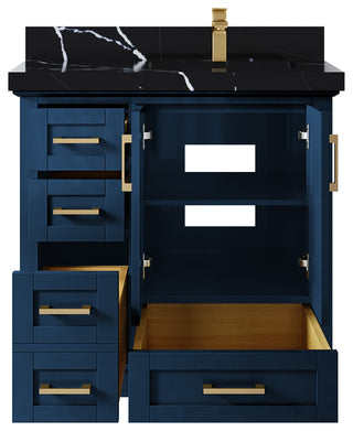 Boston 36 Right Offset Bath Vanity in Navy Blue 2" Calacatta Black