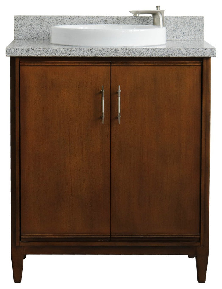 31" Single Sink Vanity, Walnut Finish, Gray Granite With Round Sink