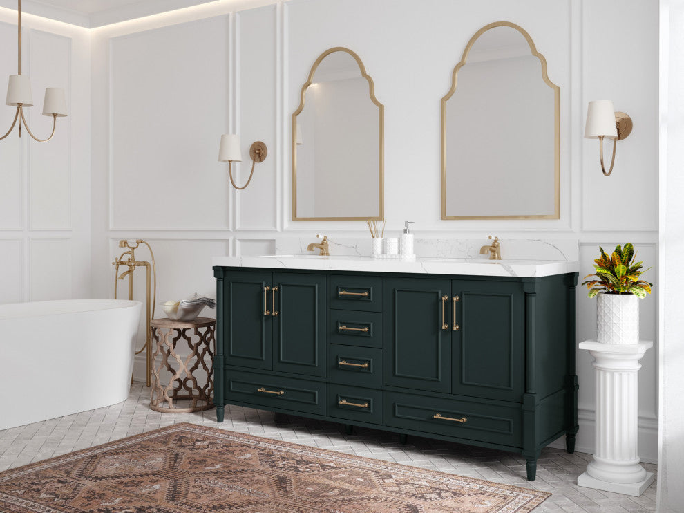 Aberdeen 72 Double Sink Bath Vanity in Dark Forest Green 2" Calacatta Nuvo