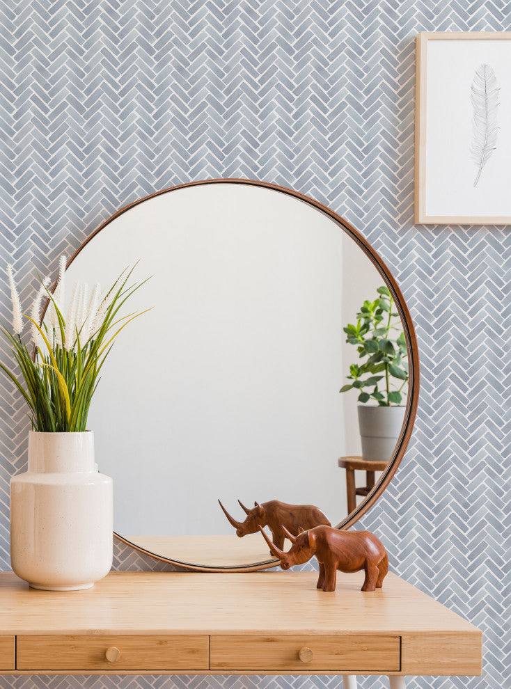 Watercolor Herringbone Peel and Stick Vinyl Wallpaper, Van Deusen Blue, 24"w X 108"h