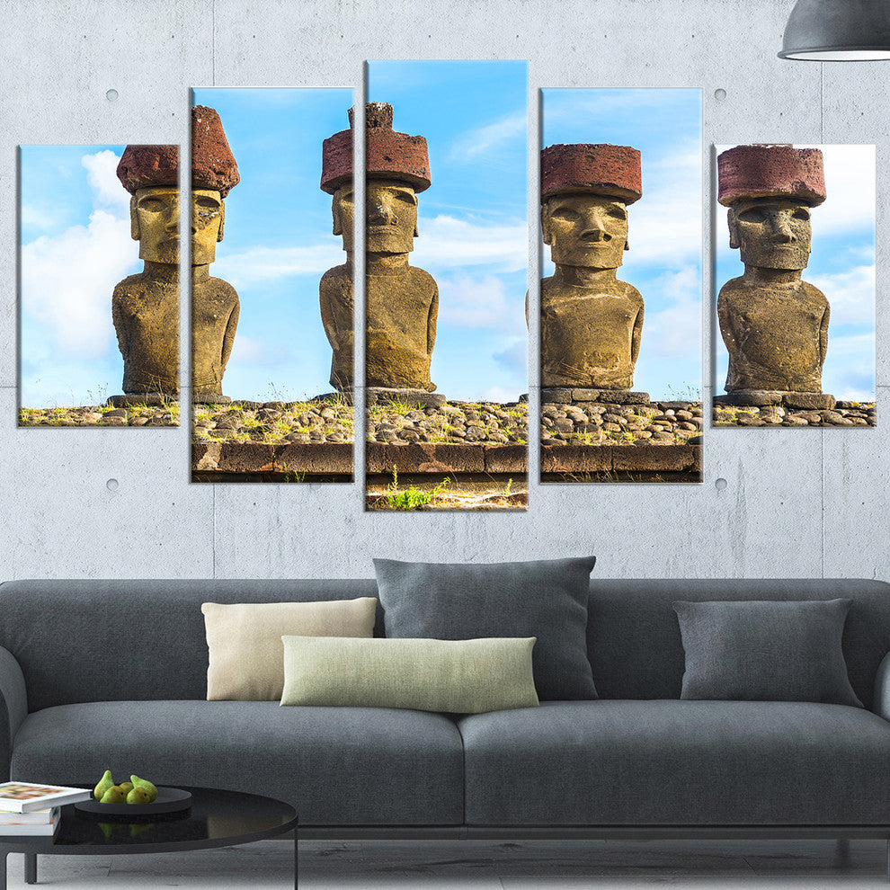 "Moai With Red Topknot Hat" Portrait Canvas Photo Print, 5 Panels, 60"x32"