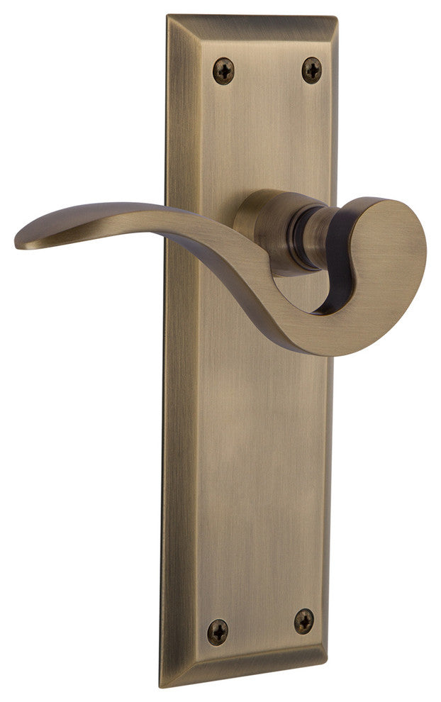 New York Plate With Manor Lever, Antique Brass, Privacy, Non-Handed