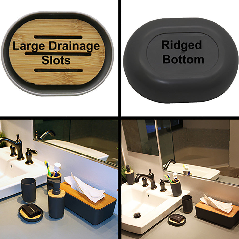 Black PADANG Soap Dish Cup Dispenser with Bamboo Tray