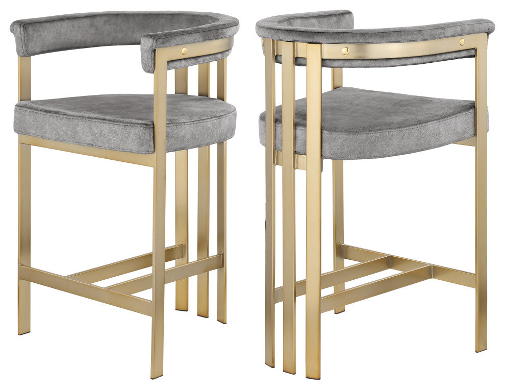 Marcello Upholstered Counter Stool, Gray, Velvet, Brushed Brass