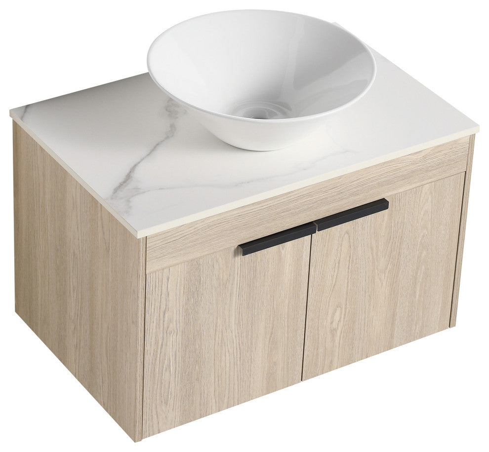 Wall-Mounted Bath Vanity, White Oak, White Ceramic Vessel Sink