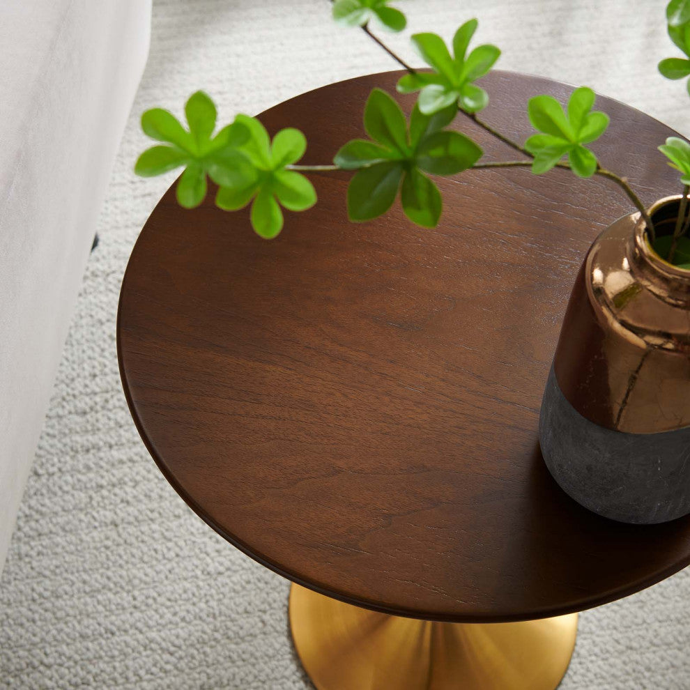 Sofa Side Table, Round, Gold Walnut, Metal, Modern, Lounge Hotel Hospitality