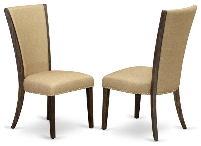 7-Piece Set, Table and 6 Chairs With Brown, Linen Fabric, Medium Size Table
