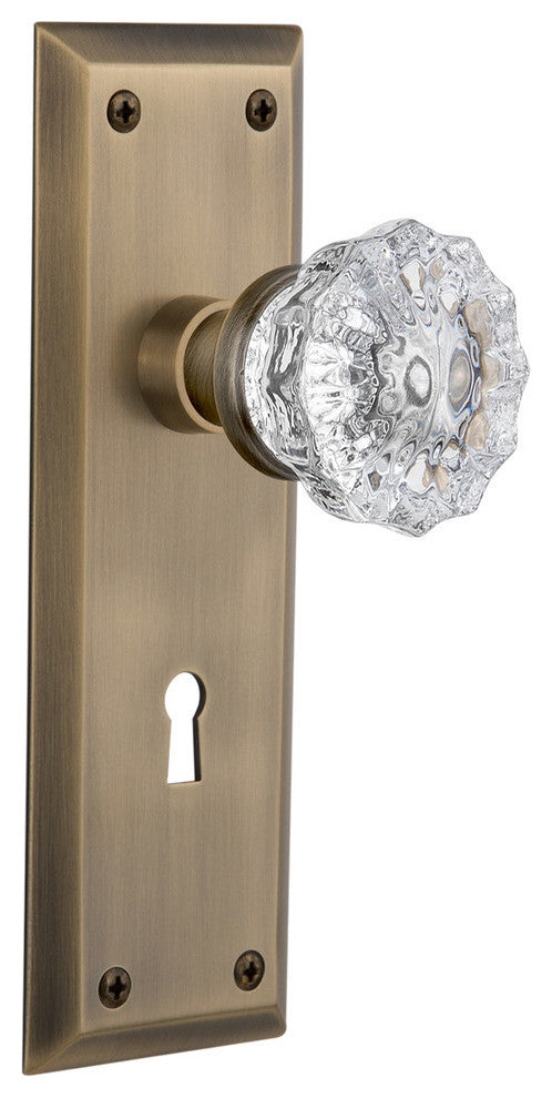 New York Plate Interior Mortise Crystal Glass Door Knob, Antique Brass