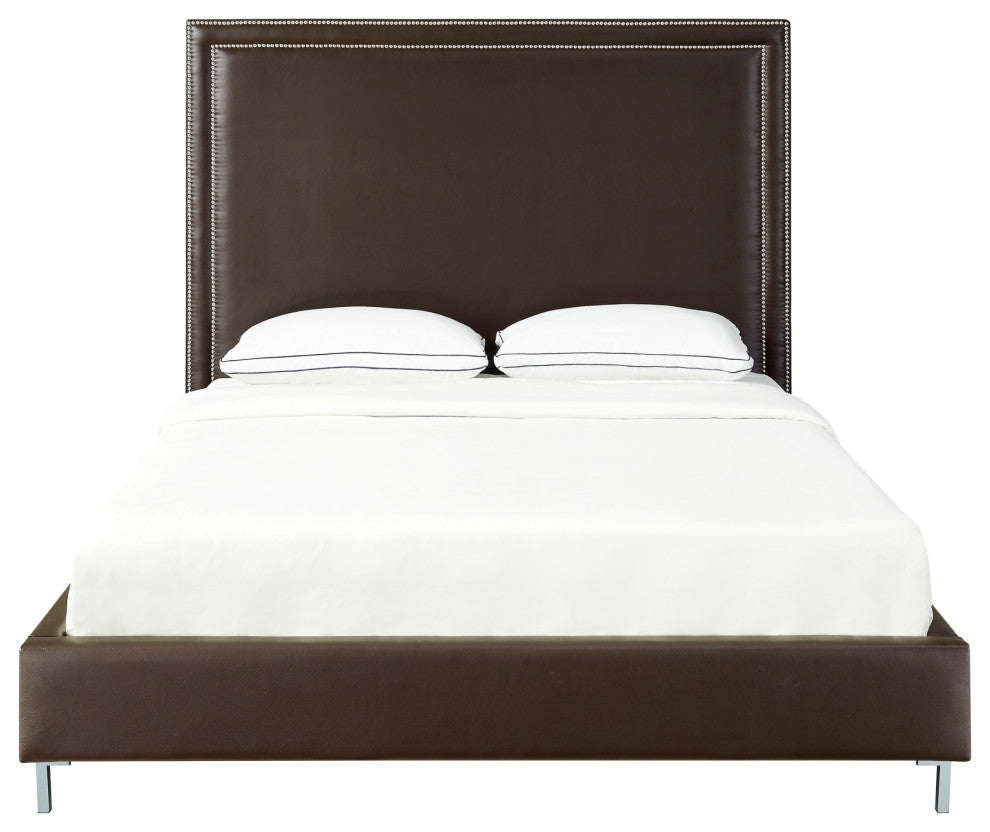 Giovanna Nailhead Trim Platform Bed, Espresso Leather Pu, King