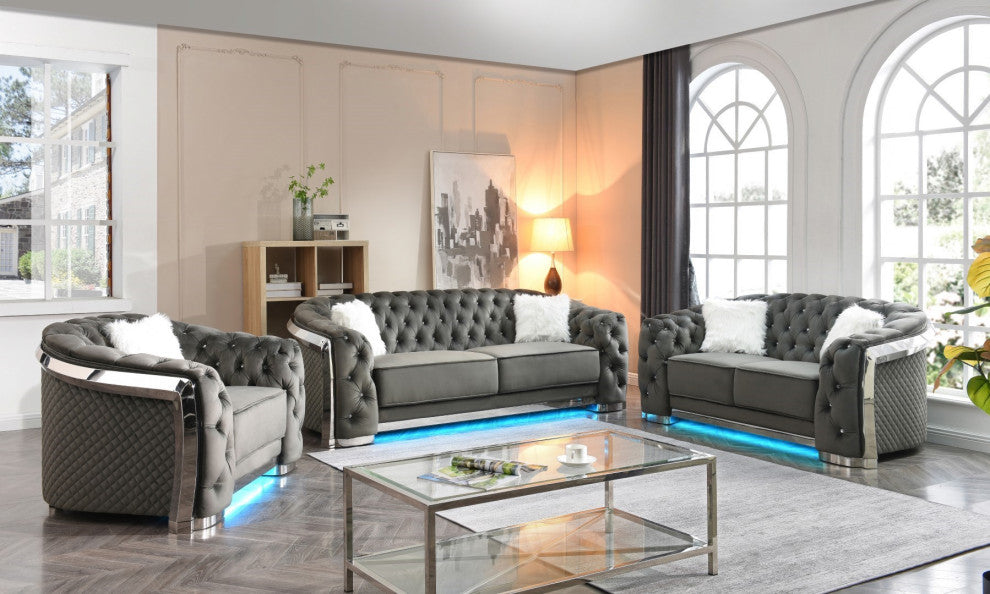 Sapphire Black Tufted Velvet Sofa With LED Lights, Gray