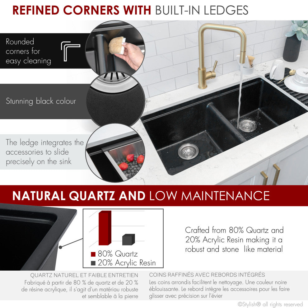 33" Dual Mount Workstation Double Bowl Black Granite Kitchen Sink