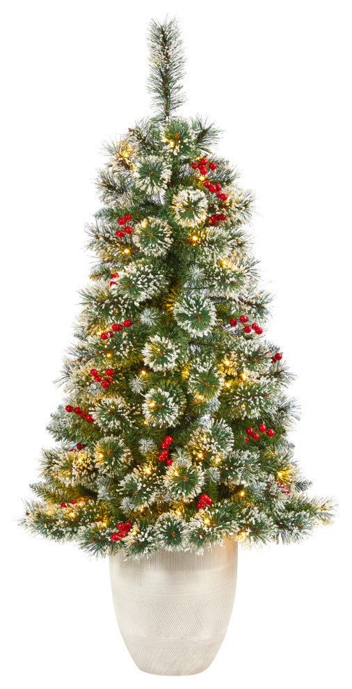 50" Frosted Swiss Pine Faux Xmas Tree W/100 Clear Lights & Berries, Planter