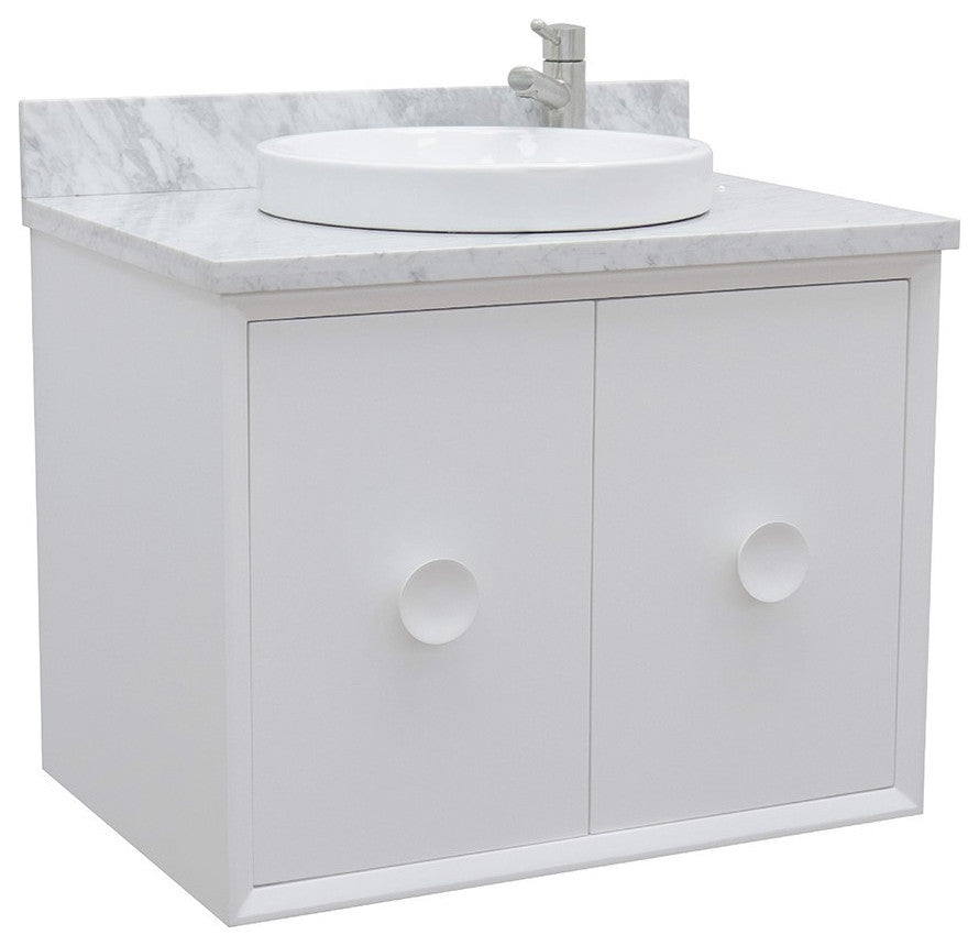 31" Single Wall Mount Vanity, White Finish With White Carrara Top
