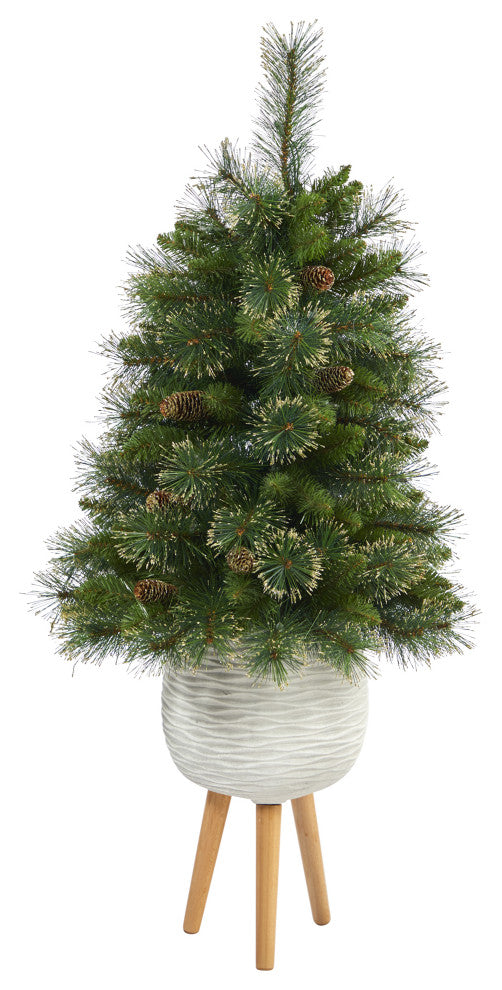 4' Golden Washington Pine Faux Xmas Tree W/Lights, Pinecone & Bendable Branches