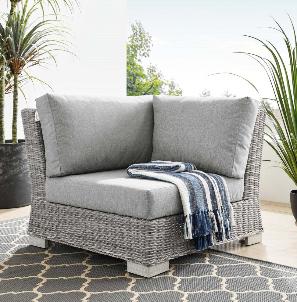 Sofa Corner Chair, Rattan, Wicker, Gray, Modern, Outdoor Patio Cafe Bistro