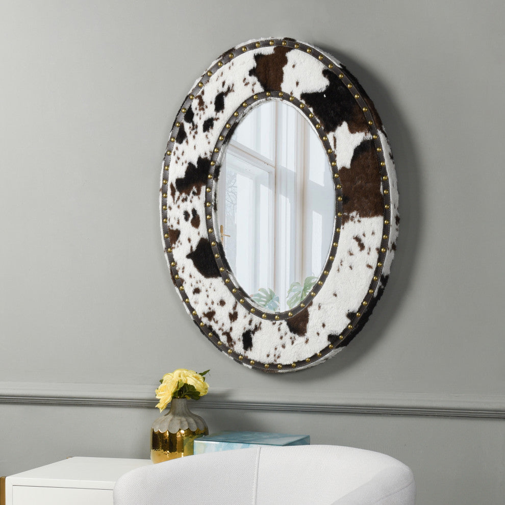 Cow Hide Mirror Faux Animal Printed With Hammer Nail Trim