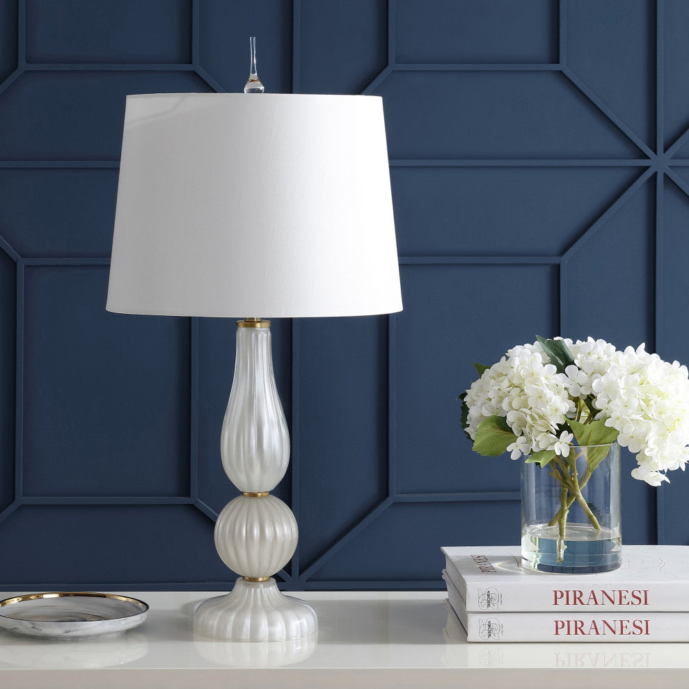 Maddie 28" Glass, Metal LED Table Lamp, White Pearl