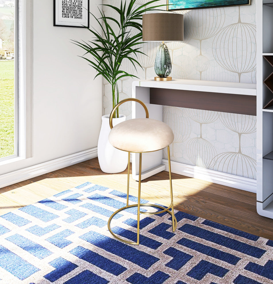 Ring Velvet Upholstered Counter Height Stool with Durable Iron Frame, Cream, Gold Finish
