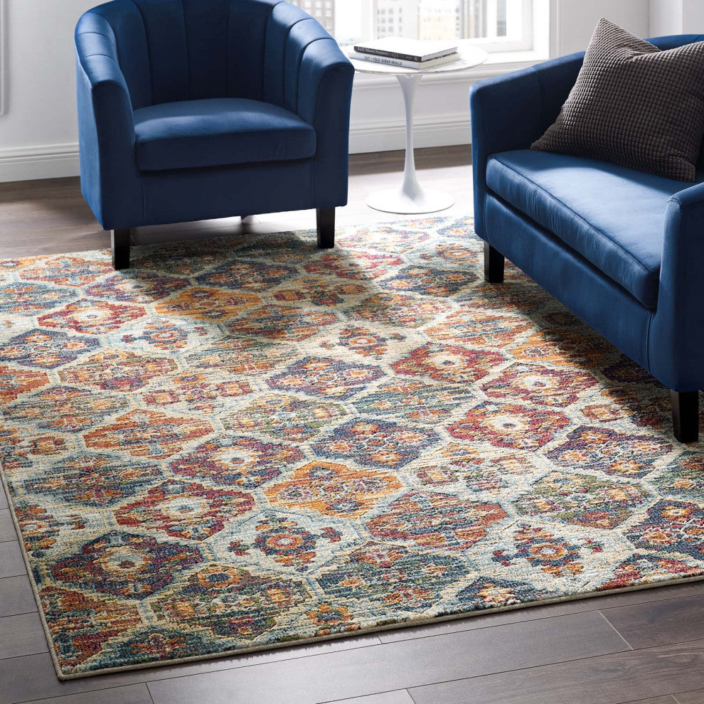Multicolored Tribute Azalea Distressed Vintage Floral Lattice 5x8 Area Rug