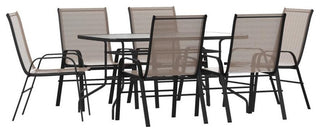 Brazos 7 Pc Outdoor Dining Set 55" Table, 6 Stack Chairs, Brown