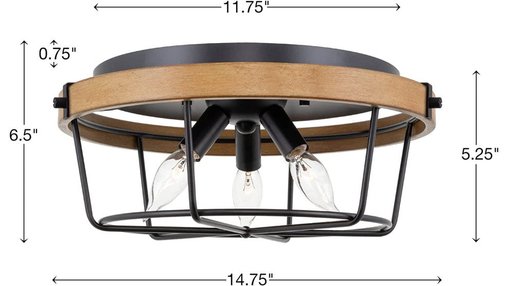 3 Light Rust Cage Ceiling Light Fixture, Industrial, Drum Semi Flush Mount