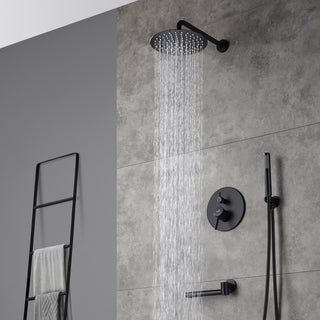 CASAINC 10" Round Wall Mounted Shower System Set Handheld Spray & Bathtub Spout, Matte Black