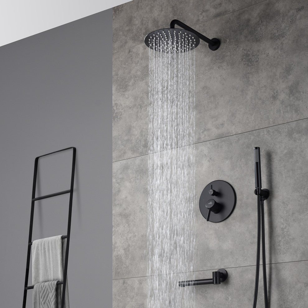 CASAINC 10" Round Wall Mounted Shower System Set Handheld Spray & Bathtub Spout, Matte Black