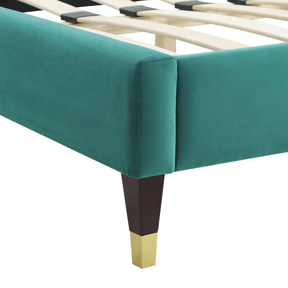 Platform Bed Frame, King Size, Teal Blue, Velvet, Modern, Bedroom Guest Suite