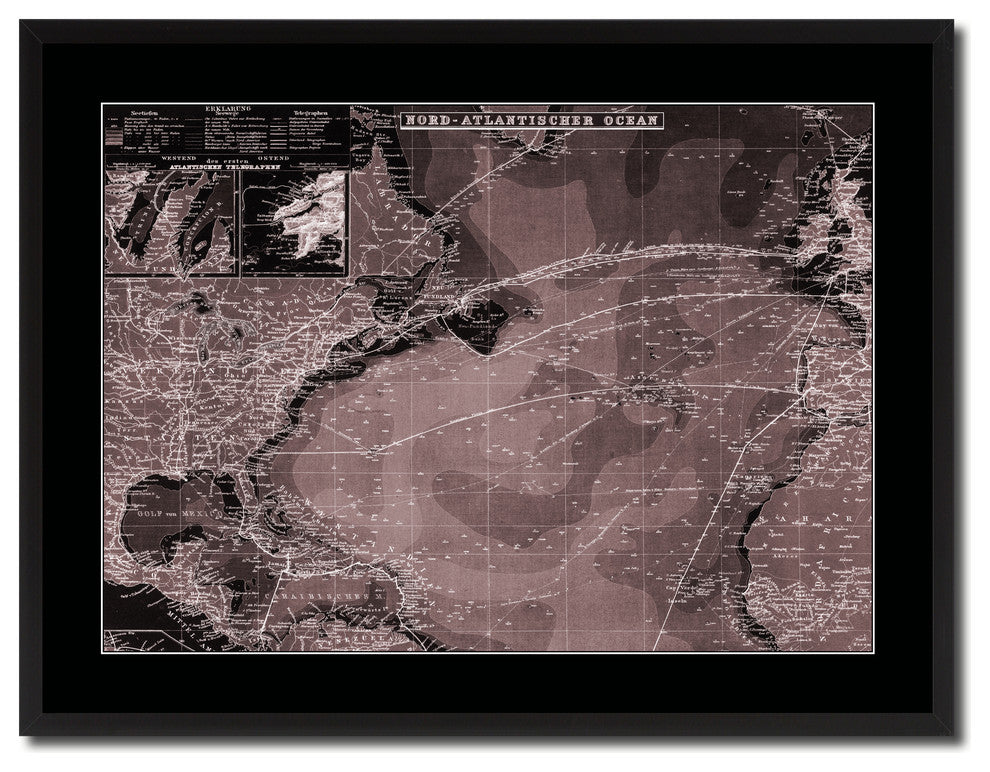 North Atlantic Telegraph Lines Stieler Vintage Vivid Sepia Map Canvas, 28"x37"