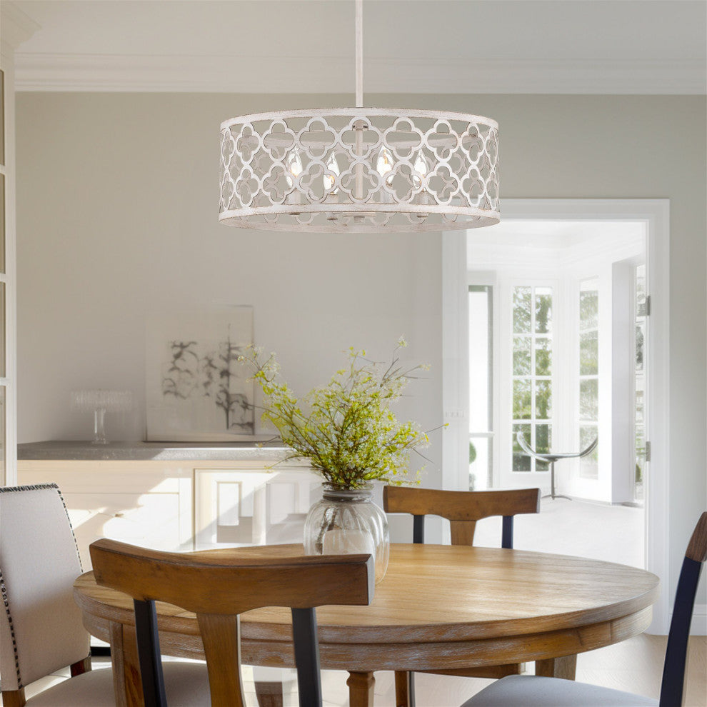 Kira Home Sutton 20" Chandelier, Metal Quatrefoil Drum Shade, Antique White